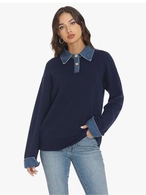 Navy Knit Sweater with Denim Collar and Cuffs
